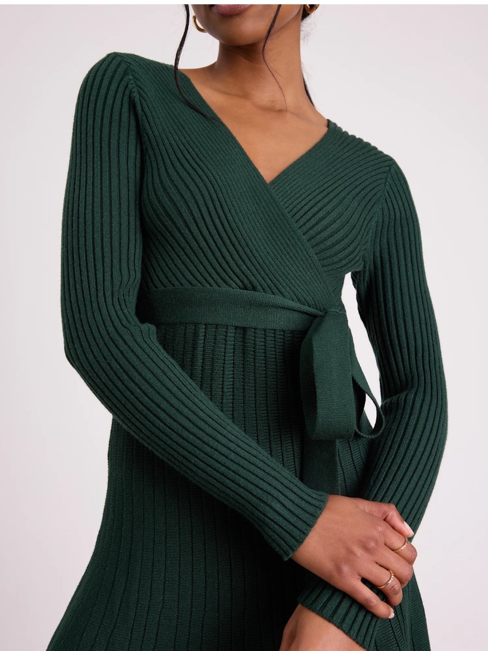 Lulu's Forest Green Ribbed Wrap Midi Dress - Picture 4 of 6